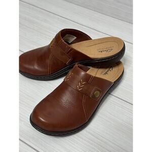 Clarks Collection Brown Leather Clogs Mules‎ Slip On Casual Comfort Shoes Size 9